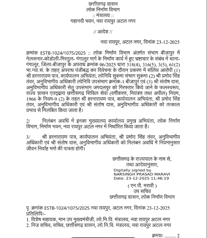 बीजापुर में सड़क के नाम पर करोड़ों का खेल खेलने वाले पीडब्ल्यूडी के तीन बड़े साहब सस्पेंड