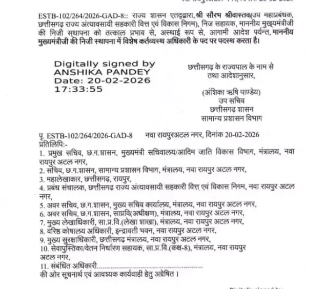 प्रशासनिक फेरबदल: सौरभ श्रीवास्तव मुख्यमंत्री के ओएसडी नियुक्त, पुलक भट्टाचार्य को नगरीय प्रशासन का अतिरिक्त प्रभार