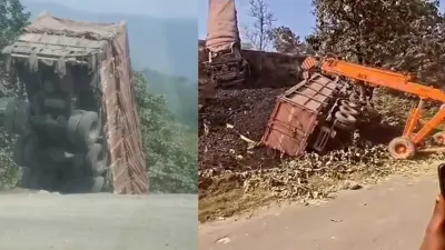 Pendra News: केंदा घाटी के अंधे मोड़ पर दो भारी वाहन दुर्घटनाग्रस्त, खाई में लटका ट्रक और पलटा ट्रेलर