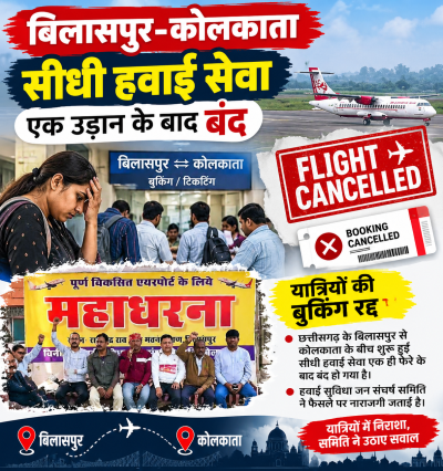 बिलासपुर-कोलकाता सीधी हवाई सेवा एक उड़ान के बाद बंद, यात्रियों की बुकिंग रद्द; संघर्ष समिति ने दी आंदोलन तेज करने की चेतावनी