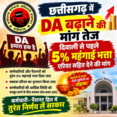 छत्तीसगढ़ में DA बढ़ाने की मांग तेज, दिवाली से पहले 5% महंगाई भत्ता एरियर सहित देने की मांग